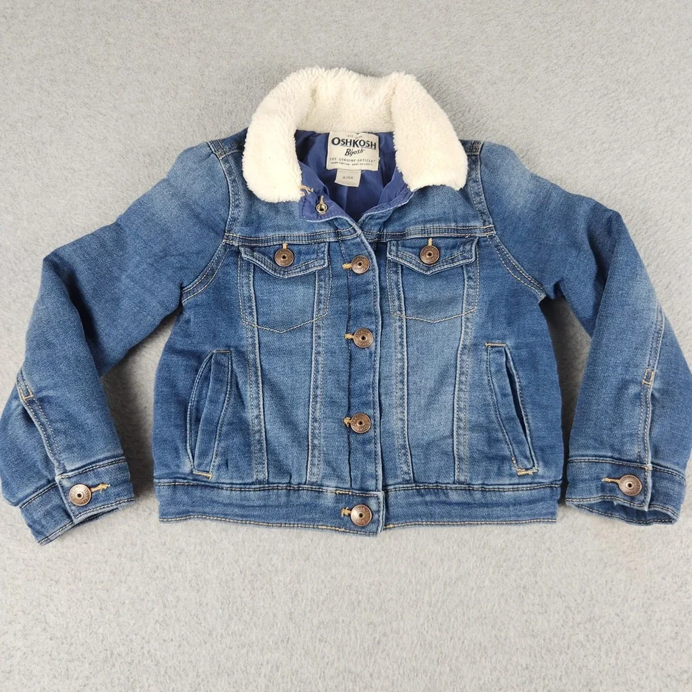OshKosh B'gosh Trucker Jacket Girls 6/6X Blue Denim Sherpa Collar Button Front